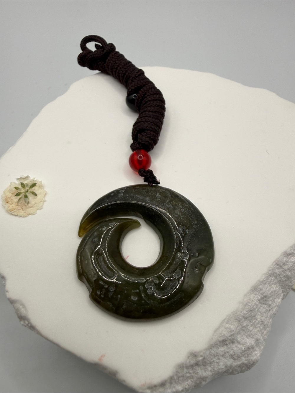 Handcrafted Olive Green Jade Whorl Pendant Necklace
